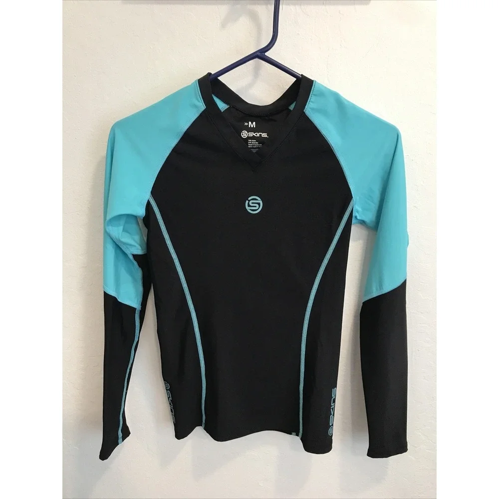 Skins Cycling Long Sleeve Black Blue Cycling Shirt Size Youth M